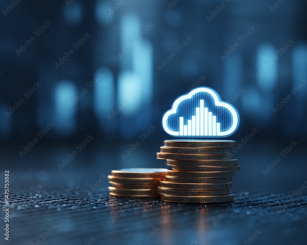 Poster cloud computing financial data on coin stacks
