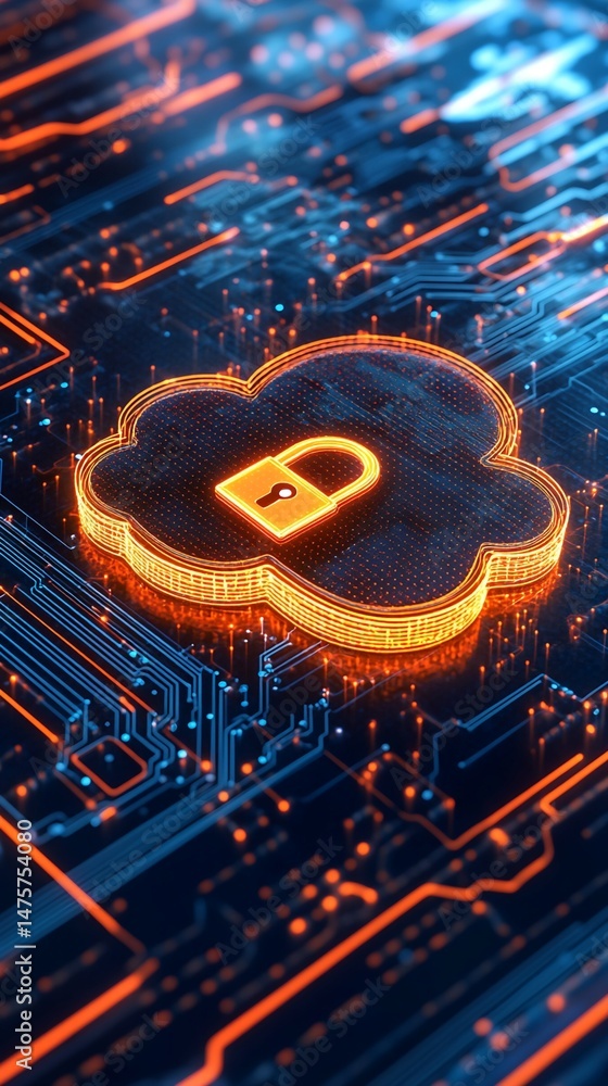 Poster cloud data security: padlock icon on circuit board