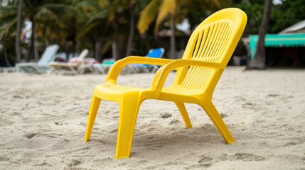 Bright Yellow Plastic Chair on Sandy Beach with Palm Trees in Background Perfect for Summer Relaxation and Leisure Activities During Vacation Time