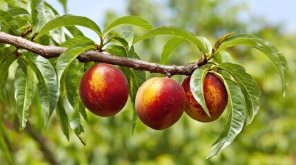 Fresh and Juicy Peaches Hanging from a Branch Surrounded by Lush Green Leaves in a Sunny Orchard, Perfect for Summer Fruit Themes