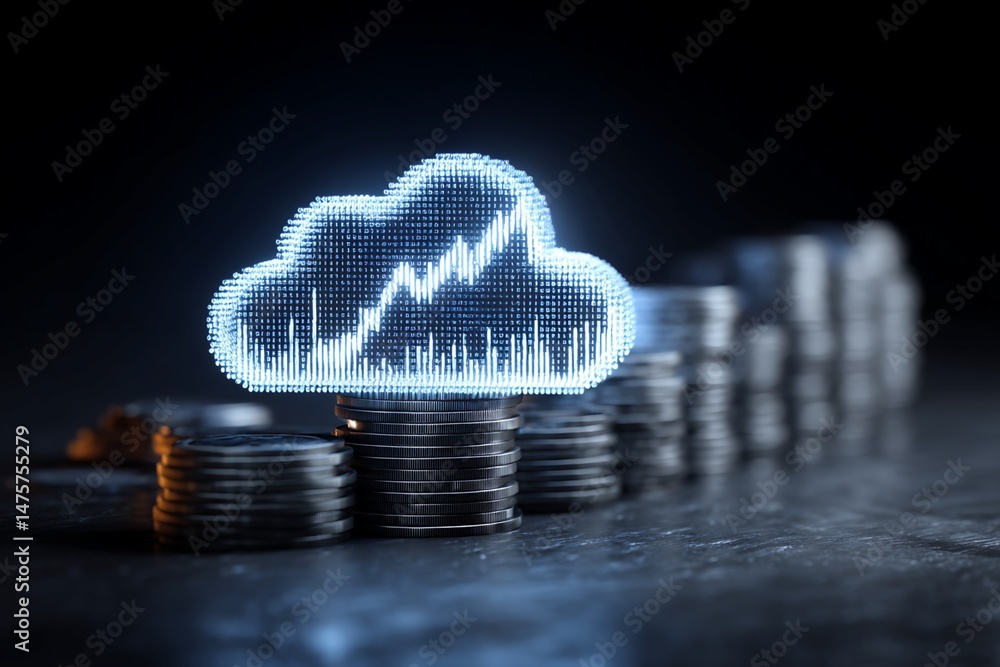 Poster digital cloud icon with upward trend graph on coin stacks