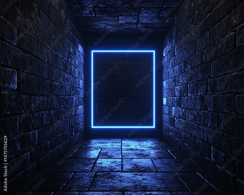 Poster digital rendering of brick corridor with blue neon square frame