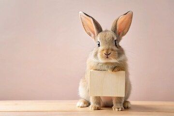 Obraz premium Minimalist Photo: Little Bunny Holding a Blank Sign, Cute Easter Bunny, Spring Animal
