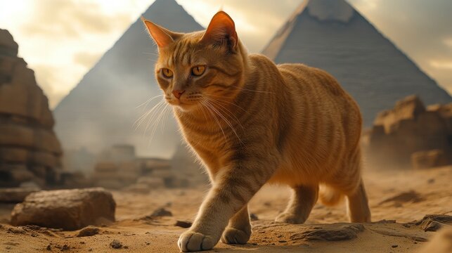 Orange tabby cat strolls across sandy desert, framed by ancient Egyptian pyramids in the background