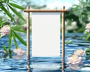 Tranquil Water Scene with Bamboo Frame, Blank Canvas Surrounded by Lush Greenery and Delicate Flowers in Serene Pool of Natural Beauty