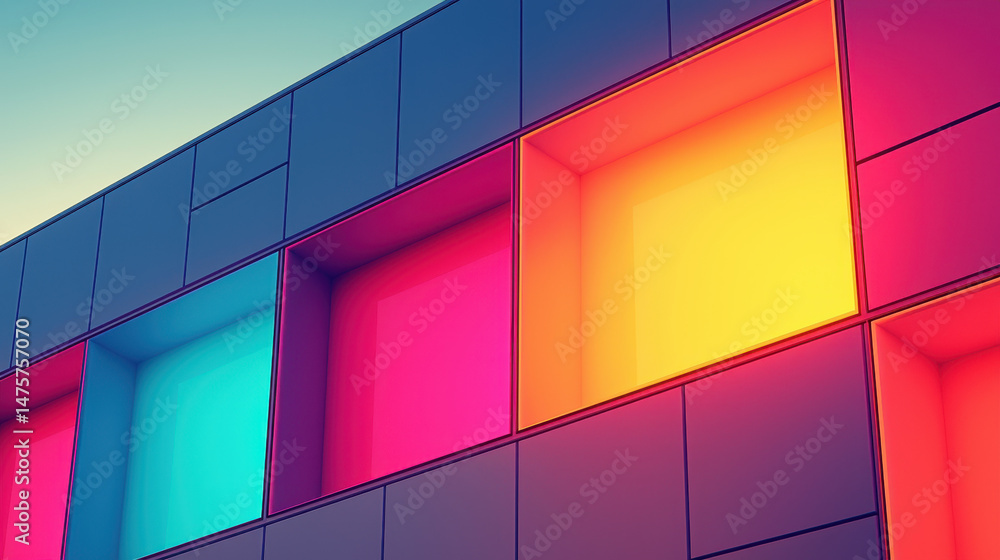 Poster a modern building facade displays vibrant geometric patterns of colorful squares, creating a captiva