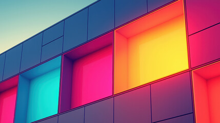 A modern building facade displays vibrant geometric patterns of colorful squares, creating a captivating and artistic architectural design with abstract appeal.