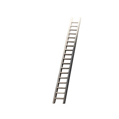 A straight ladder with many steps stands in isolation, angled slightly against a dark, featureless backdrop.
