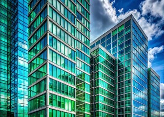 Obraz premium Modern High-Rise Building, Blue-Green Glass & Gray Facade, Cityscape