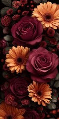 Fototapeta premium Background wallpaper with burgundy roses and orange daisies against a dark background, digital art