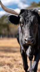 Close-up of a black longhorn cattle