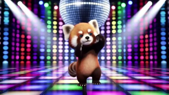 Red panda dancing under disco lights