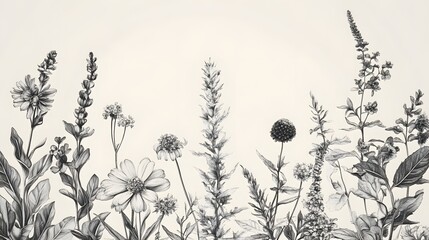 Fototapeta premium Elegant monochrome botanical illustration of wildflowers in a horizontal arrangement.