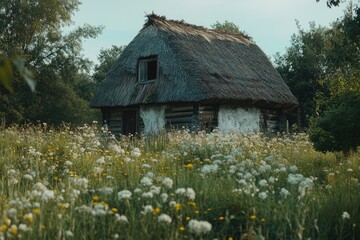 Rustic thatched-roof cottage nestled in a vibrant wildflower meadow (1)
