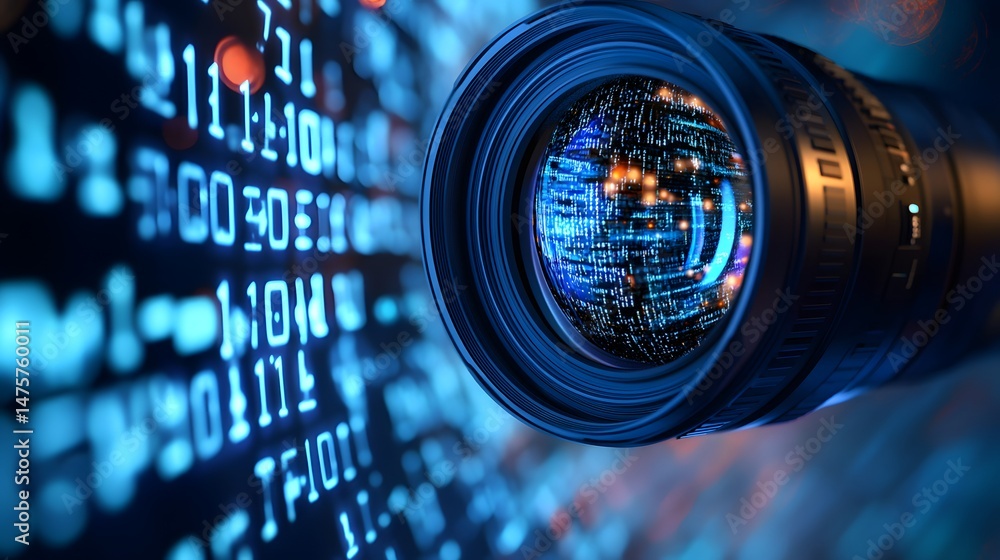 Poster a camera lens is shown in a digital image with a blue background. the lens is surrounded by a series