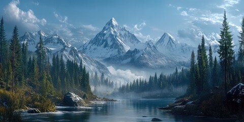 Serene mountain lake with snow-capped peaks and coniferous forest