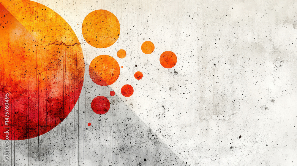 Poster minimalistic composition of gradient colored circles cascading on a textured background creating dep