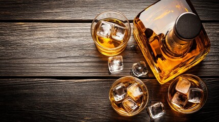 Whisky Bottles and Glasses with Ice Cubes on Dark Wooden Surface
