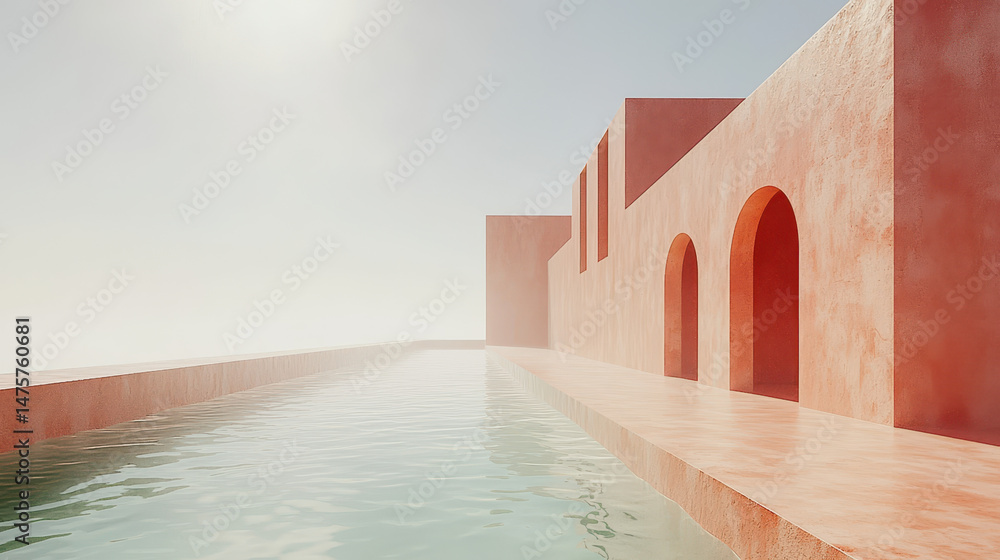 Poster abstract architecture featu layered transparent shapes near water, creating a cur like depth and evo