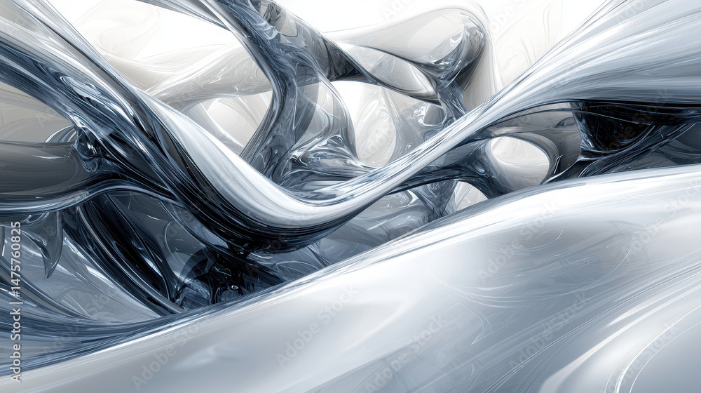 Poster layered transparent plastic shapes create innovative abstract design with fluid dynamics suggesting 