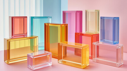 Layered transparent plastic shapes create a vibrant and innovative design, showcasing modern aesthetics and playful color palettes on a clean, bright surface.