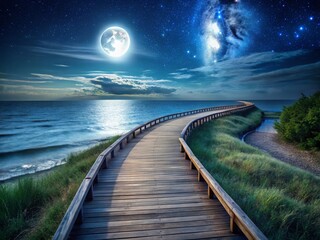 Fototapeta premium Night Photography: Wooden Path to the Sea - Tranquil Coastal Scene