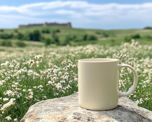 Obraz premium Serenity in Nature: A White Mug on a Stone Surrounded by Wildflowers Under a Blue Sky with Rolling Green Hills in the Background