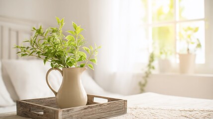 Close up of beige pitcher leafy green stems rustic wooden tray positioned near window bright bedroom white walls soft natural light for a peaceful airy vibe cut out on isolated transparent background