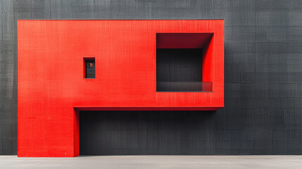 Fototapeta premium A modern metal building with geometric shapes painted in bright red stands out against a textured gray wall, creating a striking and contemporary design aesthetic.