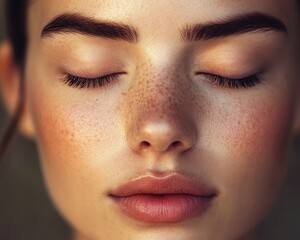 Fototapeta premium Close-Up of a Young Woman's Serene Face with Eyes Gently Closed, Emphasizing Natural Beauty and Smooth Skin