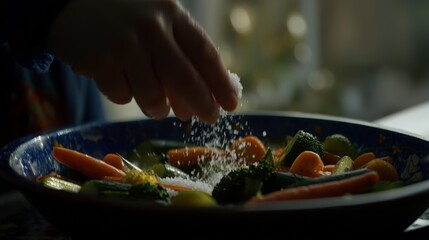 Sprinkling Salt Over Freshly Cooked Colorful Vegetables for Seasoning