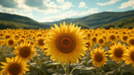 Fototapeta premium Sunflower field with mountain backdrop under bright sun and cloudy sky
