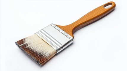 Professional paint brush with wooden handle and white bristles on white backdrop