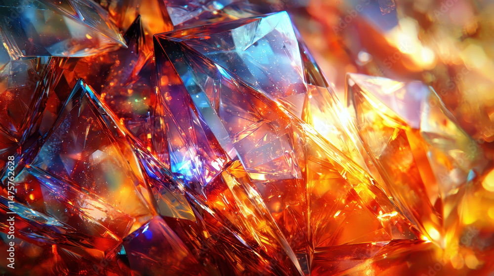 Poster vibrant geometric shapes showcase an abstract explosion of color, creating a mesmerizing glass-like 
