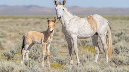 Naklejka premium Adult horse and foal standing together in a sunlit field surrounded by green grass and yellow wildflowers under a clear blue sky in a natural landscape