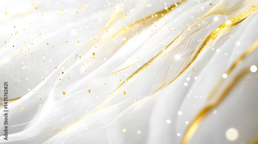Poster a white background with gold and white strings. the strings are twisted and tangled, creating a sens