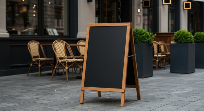 Outdoor blank chalkboard menu board at a cafe patio.