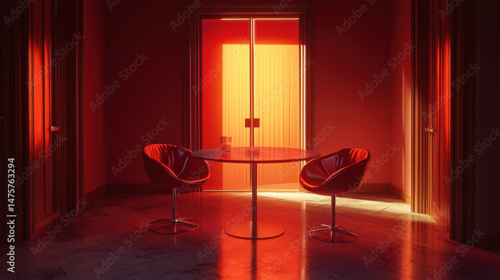 Poster geometric shapes cast a warm red and orange glow across a modern room with a black background, creat