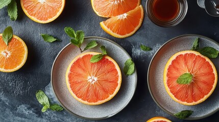 Citrus Delight: Overhead View of Fresh Orange Fruit Slices on a Rustic Table