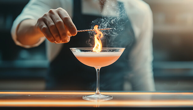 Bartender flaming cocktail drink.