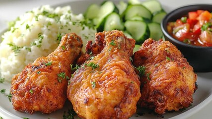 Golden Crispy Chicken Platter: A mouthwatering composition showcasing golden-brown, crispy chicken drumsticks alongside refreshing cucumber slices and a bowl of vibrant relish.