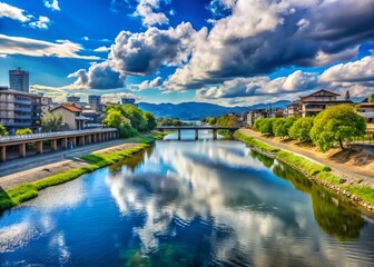 Fototapeta premium Panoramic Kyoto Kamogawa River: Dynamic Blue Sky, Riverside Serenity