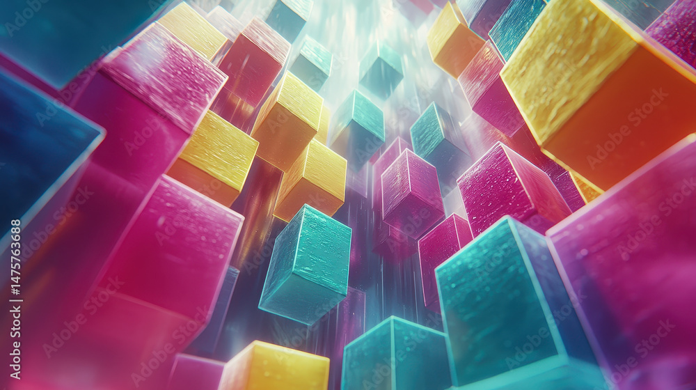 Poster brightly colored geometric shapes, cubes suspended in air like modern art, creating an eye-catching 