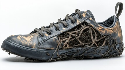 Distressed sneaker with exposed roots showcasing urban decay and fashion concept, perfect for environmental art and sustainability themes