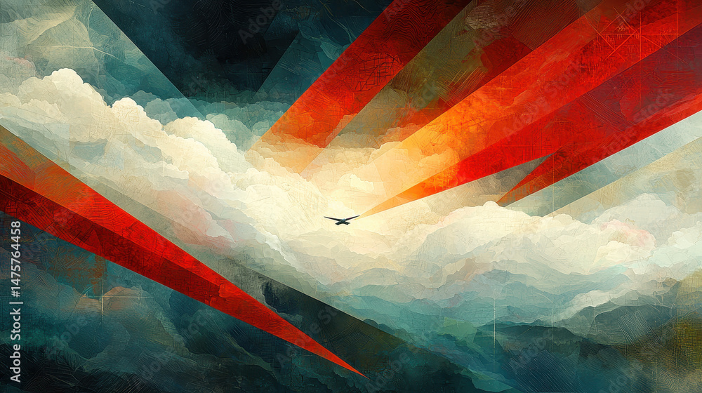 Poster a skateboard featu geometric patterns of vibrant clouds and red stripes with a bird soa through the 