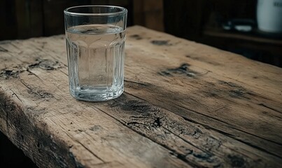 Transparent glass filled with clear water sits on a rustic wooden table, showcasing the texture and natural characteristics of the surface below.