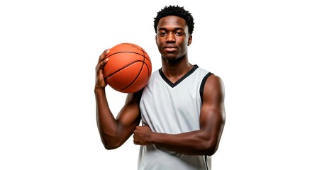 Young man in a tank top holding a basketball against a white background