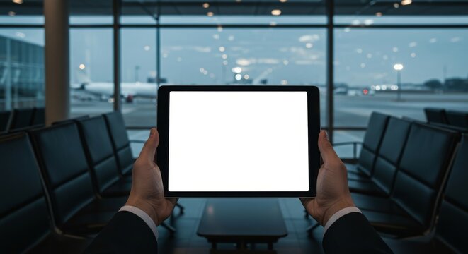 Empty tablet screen held by hands in an airport waiting area.