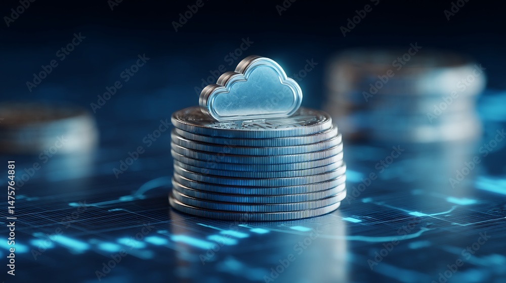 Poster silver cloud icon on stack of coins with circuit background