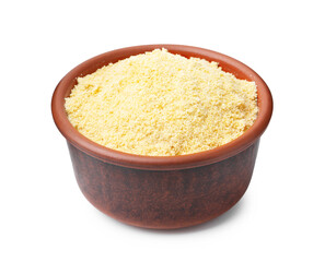 Superfood product. Sesame seeds powder in bowl isolated on white